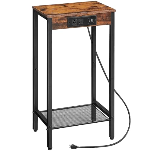 HOOBRO Side Table with Charging Station, Tall End Table with Mesh Shelf, Small Entryway Table, Industrial Telephone Table, High Nightstand for Living Room, Hallway, Bedroom, Rustic Brown BF08UDH01