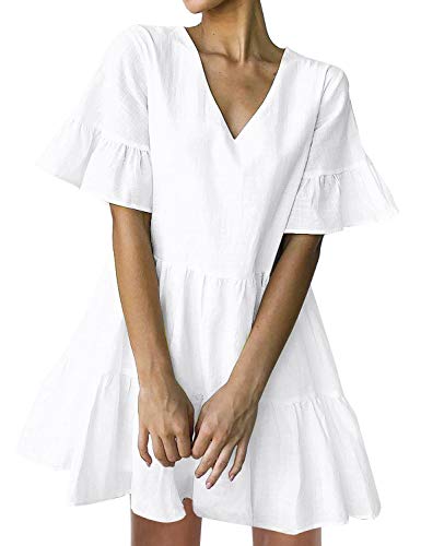 FANCYINN Womens White Cute Shift Dress Short Bell Sleeve Ruffle Hem V Neck Loose Swing Tunic Mini Dress with Pockets S