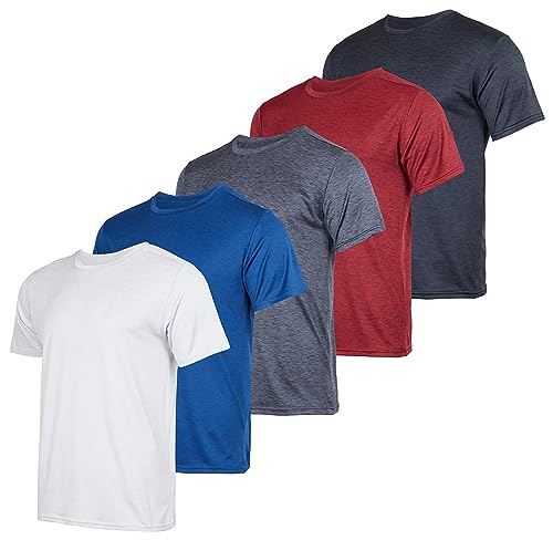 Real Essentials Mens Quick Dry Dri Fit Short Sleeve Active Wear Training Athletic Crew T-Shirt Gym Wicking Tee Workout Casual Sports Running Tennis Exercise Undershirt Top, Set 2, M, Pack of 5