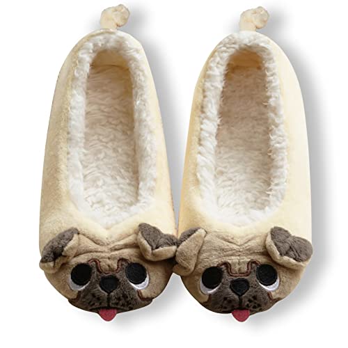 GaraTia Pug Slippers for Women Cute Dog Slippers Socks Warm Animal Soft Plush House Shoes Indoor 7-8
