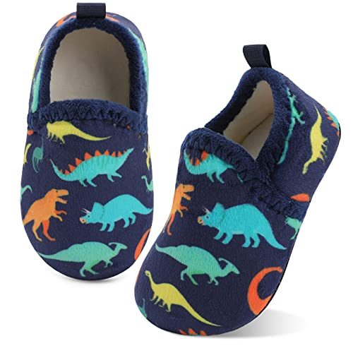 XIHALOOK Slippers for Toddler Boys Girls Cute Warm House Shoes Cozy Fleece Non-slip Soft Indoor Sneakers Navy Dinosaur, 5.5-6 Infant