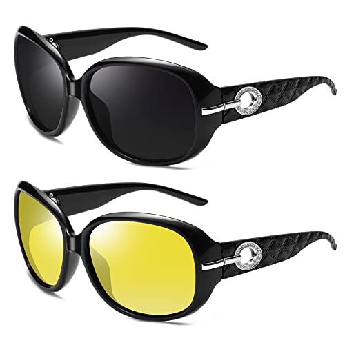 Joopin Trendy Polarized Black Sunglasses & Fashion Ladies Night Vision Glasses, Rhinestone Oversized Sun Glasses UV400 Butterfly Shades for Women