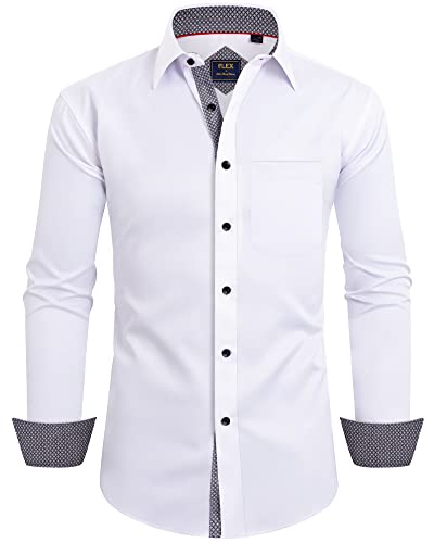Alimens & Gentle Men's Dress Shirts Long Sleeve Stretch Regular Fit Casual Button Down Shirt， Color: Flex-White&Grey-Pocket, Size: X-Large