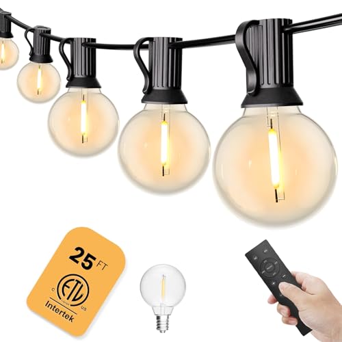 Yuusei Outdoor String Lights with Remote, 25Ft Dimmable LED Patio String Light with 12+1 Shatterproof G40 Bulbs, IP45 Waterproof Linkable Hanging Lights for Yard, Bistro, Porch,Cafe,2500K Warm White