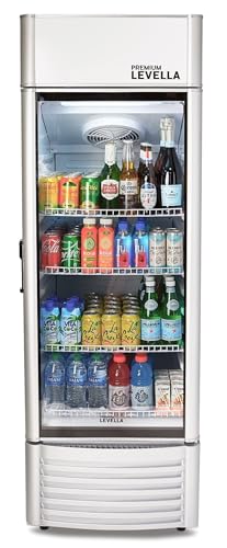 PremiumLevella PRF90DX Glass Door Display Refrigerator 9.0 cu ft Commercial Beverage Cooler Merchandiser With Customizable Lightbox - Silver