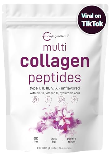 Micro Ingredients Multi Collagen Protein Powder, 2 Pounds – Type I,II,III,V,X with Biotin, Hyaluronic Acid, Vitamin C – Unflavored Collagen Peptides – Keto & Paleo Friendly, Easy Dissolve, Non-GMO