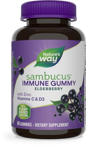 Nature’s Way Sambucus Elderberry Immune Gummies, Daily Immune Support for Kids and Adults*, with Vitamin C, Vitamin D3, Zinc, Gluten Free, Vegetarian, 60 Gummies (Packaging May Vary)