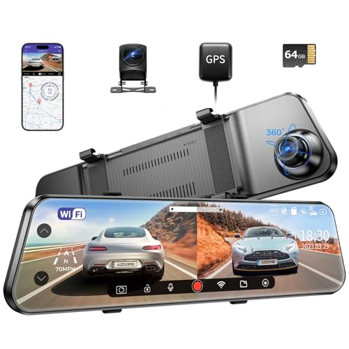 AZDOME PG17 WiFi Rear View Mirror Camera, 12' Mirror Dash Cam, Dual Camera 2.5K Front and 1080P Rear Camera for Car, Free 64GB TF Card, Waterproof Backup Camera Night Vision, Parking Assistance GPS
