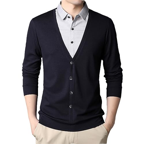 Men's Knit Cardigans Fake Two Collared Casual Sweater Coats Jacket Blue M