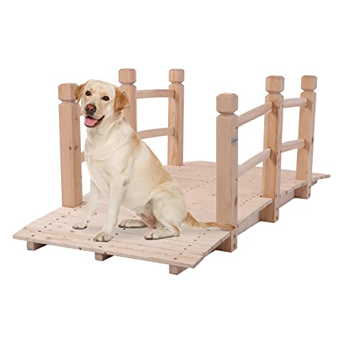 VINGLI 5 ft Garden Bridge, Classic Wooden Arch with Safety Rails Natural Finished Footbridge, Decorative Pond Landscaping, Backyard Creek or Farm