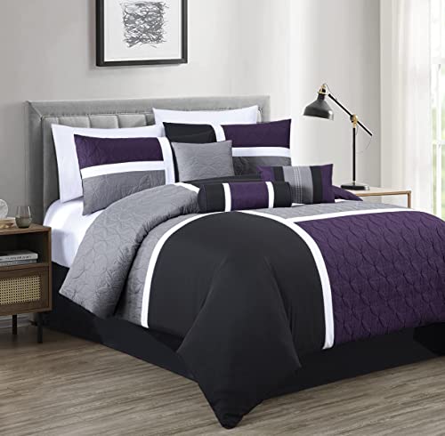 Chezmoi Collection Upland 7-Piece Quilted Patchwork Comforter Set, Purple/Black/Gray, Queen