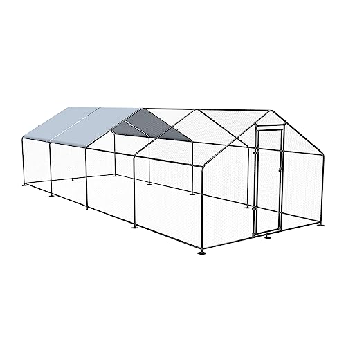 Petony Chicken Coop Outdoor Walk-in Poultry Cage Large Metal Pen Hen Run House Spire Shaped Cage with Waterproof Anti-Ultraviolet Cover,for Backyard Farm Rabbits Duck (9.8'L x 26.2'W x 6.6'H)