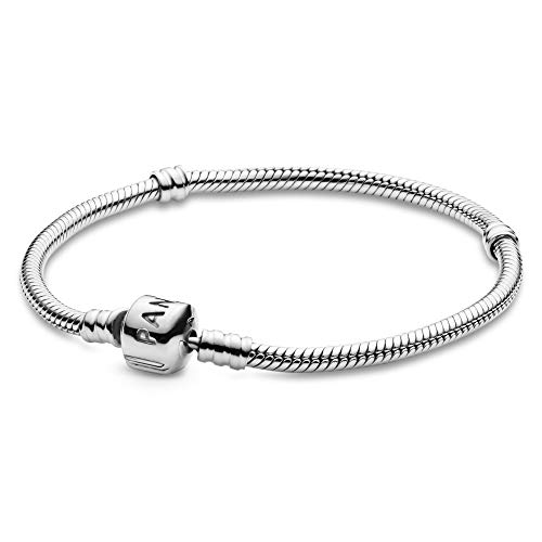 Pandora Moments Logo Barrel Clasp Snake Chain Bracelet - Compatible Moments Charms - Sterling Silver Bracelet for Women - Gift for Her - 7.5'