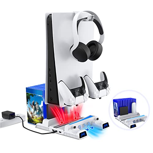 NexiGo PS5 Vertical Stand with Headset Holder and AC Adapter for PS5 Disc & Digital Editions, RGB LED Light, Dual Controllers Charger, 12 Game Rack Organizer, Hard Drive & Remote Slots, White RGB