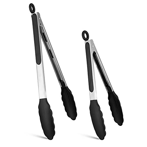 Silicone Non-SlipTongs for Cooking, 430 Steel Table Tongs for Kitchen Salad, Pasta, Grilling, BBQ, Heat Resistant Tip, Strong Grip for Meat (Black)
