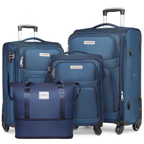 LARVENDER Softside Luggage Sets 4 Piece with Duffel Bag, Expandable Rolling Suitcases Set with Spinner Wheels, Lightweight Upright Travel Luggage Set with TSA-Approved Lock, Blue(20/24/28)'