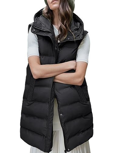 Gihuo Women's Long Puffer Vest Winter Warm Quilted Hooded Zip Up Sleeveless Jacket Vest Gilet (Large, Black)