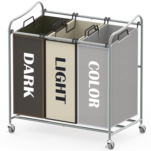 SimpleHouseware Heavy Duty 3-Bag Laundry Sorter Rolling Cart, Silver/Assorted Bags