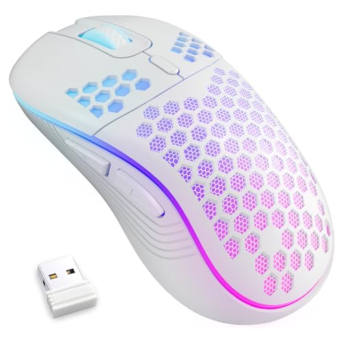 Wireless Gaming Mouse Honeycomb 2.4G USB Cordless Mouse RGB Rechargeable PC Game Mice with 7-Color LED Lights，3 Adjustable DPI for Windows Laptop Desktop Computers -White