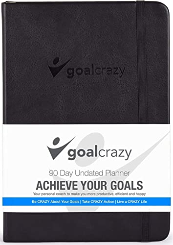 Goal Crazy Undated Planner - 90 Day Guided Journal, 2022 2023 Weekly Organization, Productivity Habit Tracker, Inspirational, Life Setting, Leather, Almond Pages (black)