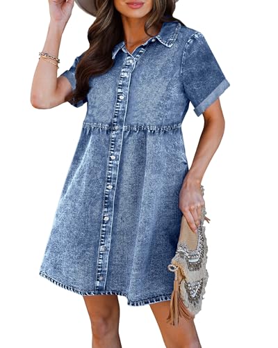 luvamia Women Casual Denim Babydoll Dress Short Sleeve Button Down Short Jean Dress Country Concert Outfits for Women Nashville Outfits for Women Summer Dress for Women Reef Blue Size Medium