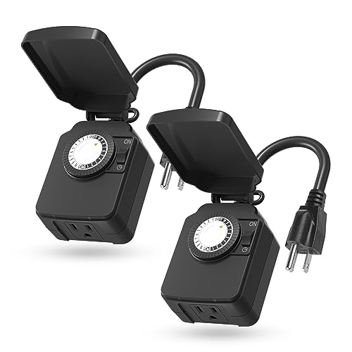 BN-LINK 24-Hour Mechanical Outdoor Light Timer, Waterproof Outdoor Plug Timer, Featuring 1 Grounded Timer Outlet for String Lights and Halloween Decor, 15A 1/2HP, Heavy Duty(2 Pack)