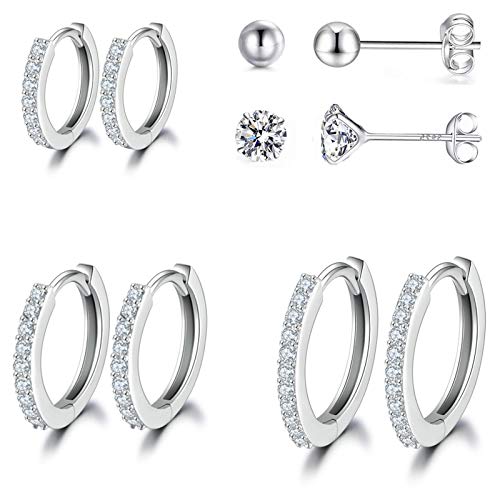 GULICX 3 Pairs Sterling Silver Small Hoop Stud Earrings Cubic Zirconia Cuff Earrings, Tiny Cartilage Huggie Hoop Sleeper Earrings Ball Earrings Piercing Jewellery for Women Girls