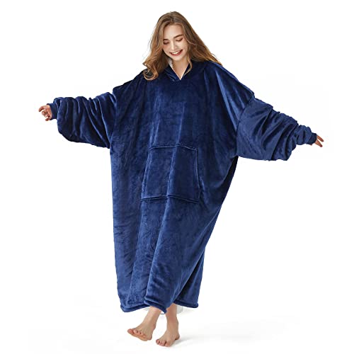 L'AGRATY Oversized Wearable Blanket Hoodie for Adults, Premium Sherpa Fleece Hoodie Blankets for Women & Men, Super Cozy & Warm Long Wearable BLanket Hoodie Sweatshir with Giant Pocket(Navy Blue)