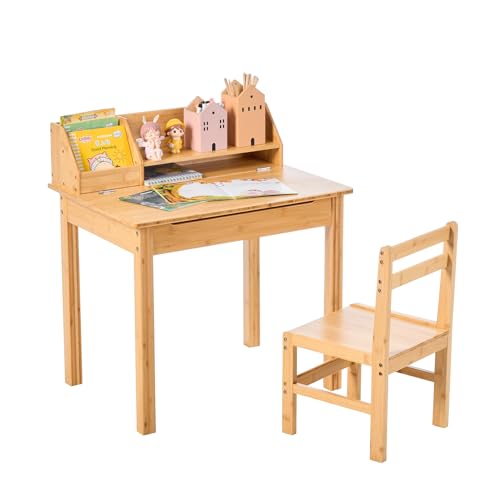 UNICOO Bamboo Kids Desk and Chair Set, Lift-Top Desk & Chair Set for 3-8 Years Old, Children Writing Desk with Storage and Hutch for Home School Use (C007 - Nature)