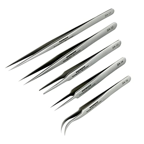 Precision Tweezers, 5 PCS Machine Tweezers Made of Stainless Steel Heat Resistant for Craft, Electronics, Soldering, Medical and Experimental Work, Jewelry-Making, Non-Magnetic Tweezers, by TOWOT