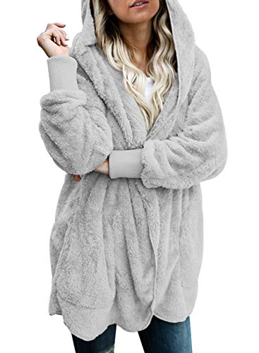 Dokotoo Womens Cozy Ladies Casual Oversized Fuzzy Fluffy Sherpa Winter Faux Fur Open Front Long Sleeve Fleece Plain Hoodies Cardigan Sweater Jacket Coat Outerwear Grey XX-Large