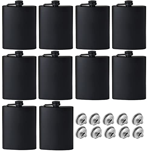 GADIEDIE10 Pcs Flasks for Liquor for Men, Matte Black 8 Oz Stainless Steel Leakproof and Funnel,with Never-Lose Metal cap,Hip Flask for Wedding Party Gift Outdoor Activities