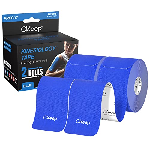CKeep Kinesiology Tape (2 Rolls), Original Cotton Elastic Premium Athletic Tape,33 ft 40 Precut Strips in Total,Hypoallergenic and Waterproof K Tape for Muscle Pain Relief and Joint Support,Blue