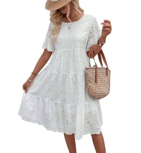 chouyatou Women's Lace Eyelet Short Sleeve Tiered Midi Long Dress Ruffle Hem Babydoll Short Dress (X-Large, White)