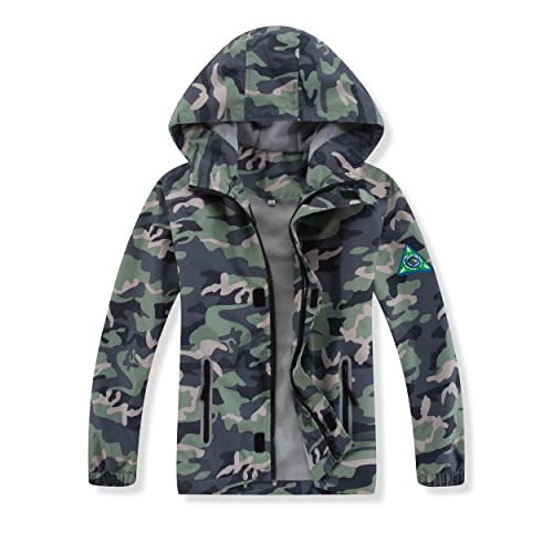 mumrap Boys Waterproof Jacket Lightweight,Hooded Raincoat For Kids,Outdoor Windproof Rain Coats For Girls(Grey Camo,10-12Years)
