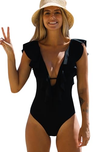 SPORLIKE Women One Piece Swimsuit V-Neck Ruffle Bathing Suit Padded Monokini(Black,Medium)