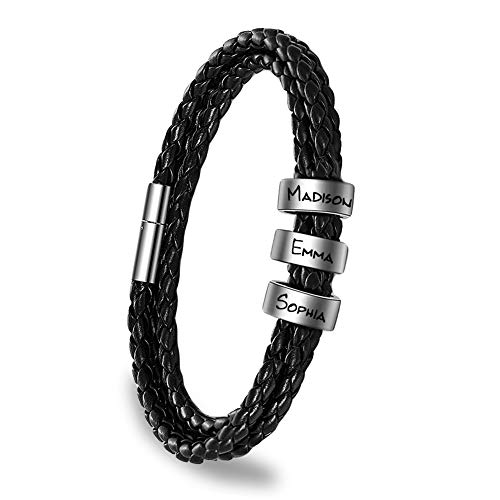 ShineSand Personalized Mens Leather Bracelet with Custom Beads, Customized Braid Leather Bracelet Engraved with Names for Men