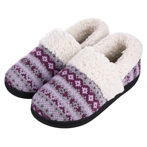 Evshine Women's Fuzzy Memory Foam Closed Back Slippers Knit Fleece Lined House Shoes for Indoor & Outdoor, Purple, 8-9