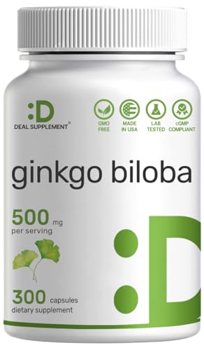 Ginkgo Biloba 500mg Per Serving, 300 Capsules, 5 Month Supply – Grown in Northern Asia – Extra Strength, Non-GMO, No Gluten