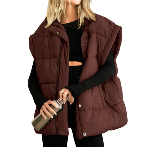 MaLinfandor Women's Winter Warm Puffer Vest Stand Collar Zip Up Button Jacket Padded Puffer Gilet Bubble Vest with Pockets(Brown,L)