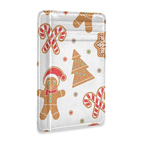 Christmas Gingerbread Man Cookies Snow Flake Tree candy Cane on White Slim Minimalist Wallet, Case Protector Covers for Men Women, Front Pocket RFID Blocking Leather Credit Card Holder
