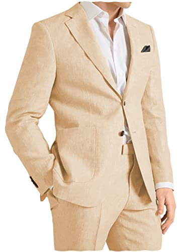 TinMoranX Casual Men's Suits Linen Slim Fit 2 Pieces Tuxedos Summer Beach Wedding Jacket+Trousers(Champagne,38R)