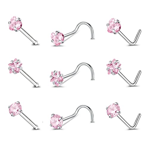 ZS 9-12PCS 20g Surgical Stainless Steel Nose Stud Ring Piercing Nose Bone/L Shaped/Nose Screws Rings Set (9pcs mixed style(pink))