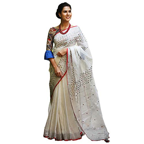 Ethnic Indian Women's Bhagalpuri Handloom Cotton Linen Saree with Red Border with Beautifully Decorate Soft tussels