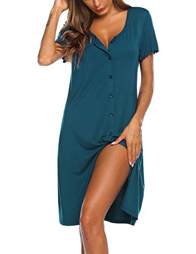 Ekouaer Women's Nightshirt Short Sleeve Button Down Nightgown V-Neck Sleepwear Pajama Dress,Blue Green,Large