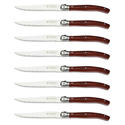 Laguiole by Hailingshan Steak knives Serrated Edge Sharp Light Premium Dishwasher Safe Stainless Steel knife set of 8 wood handle with Gift Box