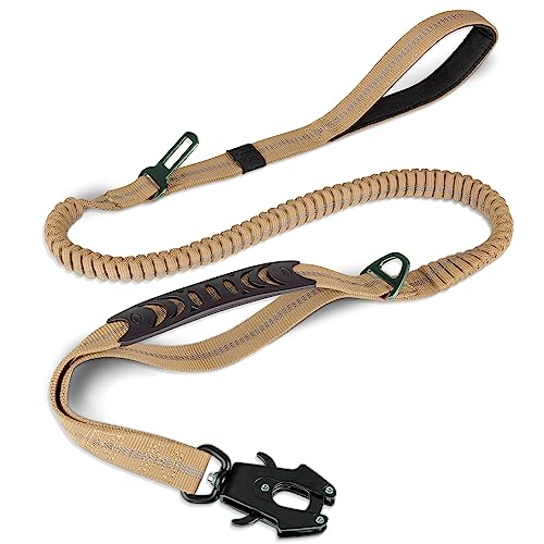 Joytale Tactical Dog Leash Heavy Duty,4-6FT Shock Absorbing Bungee Dog Leash with 2 Padded Handle,Metal Carabiner Clip,Car Seatbelt,Strong No Pull Dog Leash for Medium Large X-Large Dogs,Coyote Brown