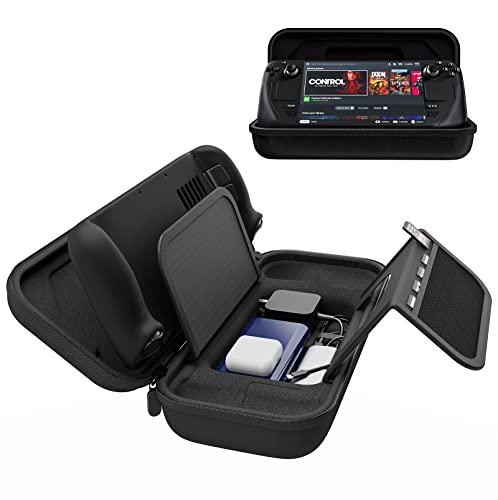 MEPATEM Carrying Case For Steam Deck, Protective Hard Shell Carry Bag, Built-in Extra Large Storage & Flexible Stand, Support Case Friendly Design, Joysticks and Screen Protect