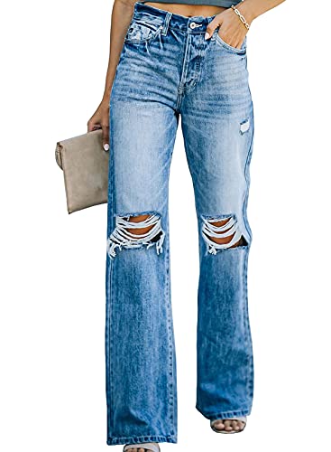 Sidefeel Women Destroyed High Waisted 90’S Flare Denim Jeans Wide Leg Pants Size 16 Blue