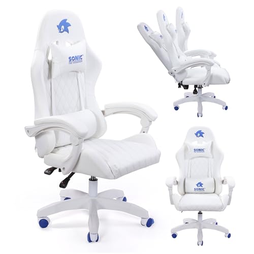 Sonic the Hedgehog Gaming Chair - Premium PU Leather, Reclining Armrest, Class 4 Gaslift, Adjustable 90-135 Degrees, Stylish Design for Adults and Teens, 260+ Lbs Capacity, Blue-White Caster